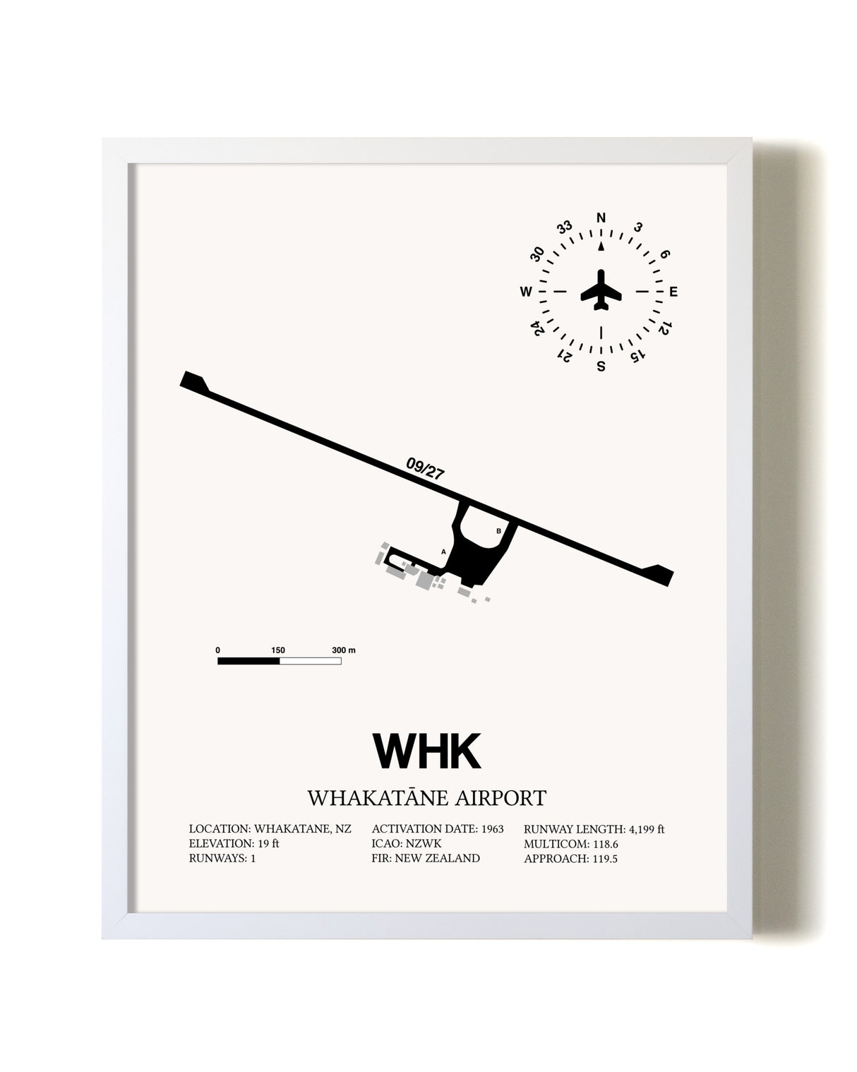 Whakatane Airport airport map poster in oak frame