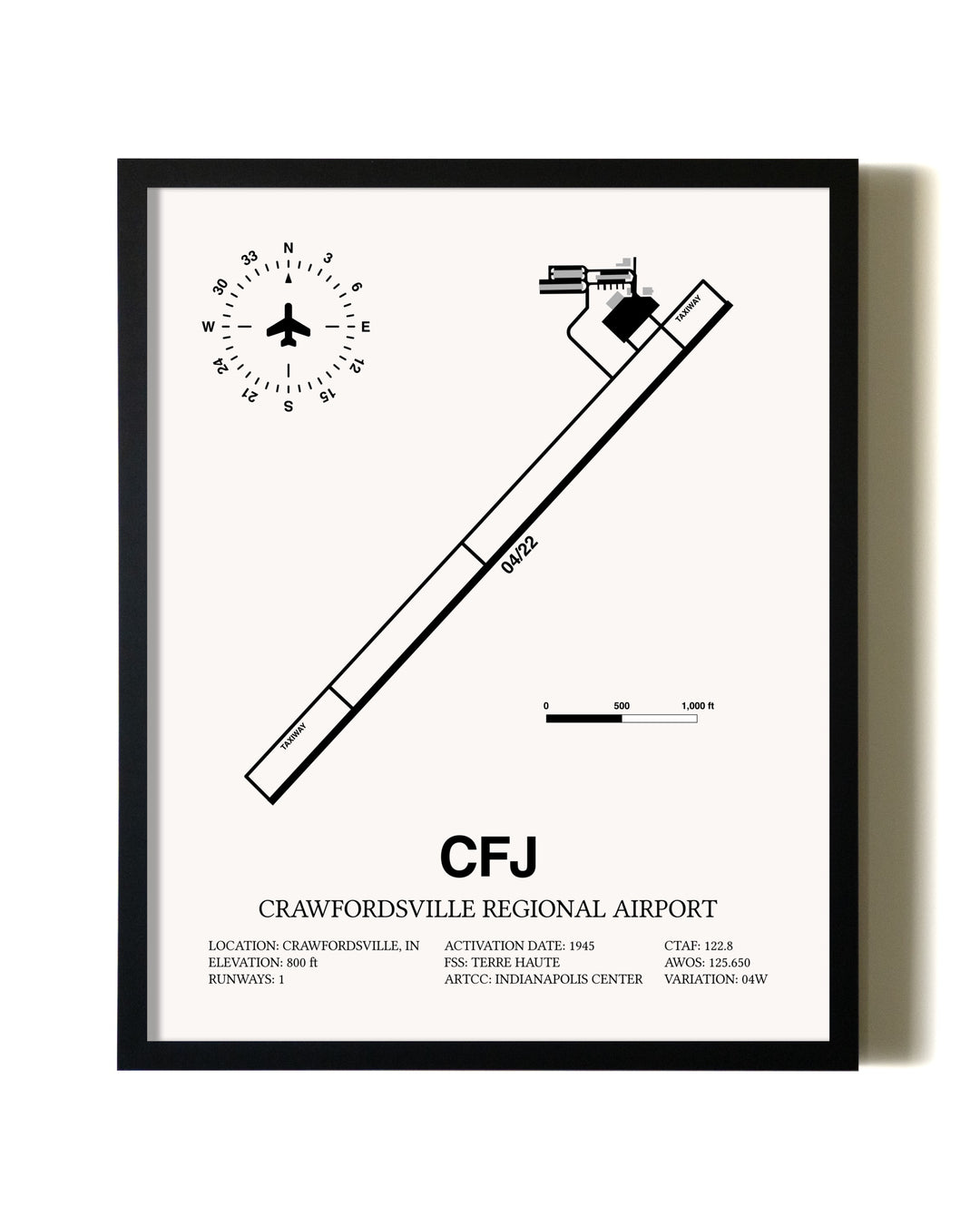 Framed Crawfordsville Regional Airport wall art poster in black frame