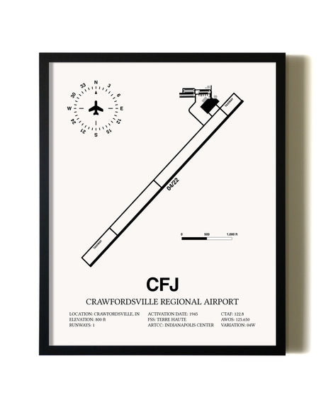 Framed Crawfordsville Regional Airport wall art poster in black frame