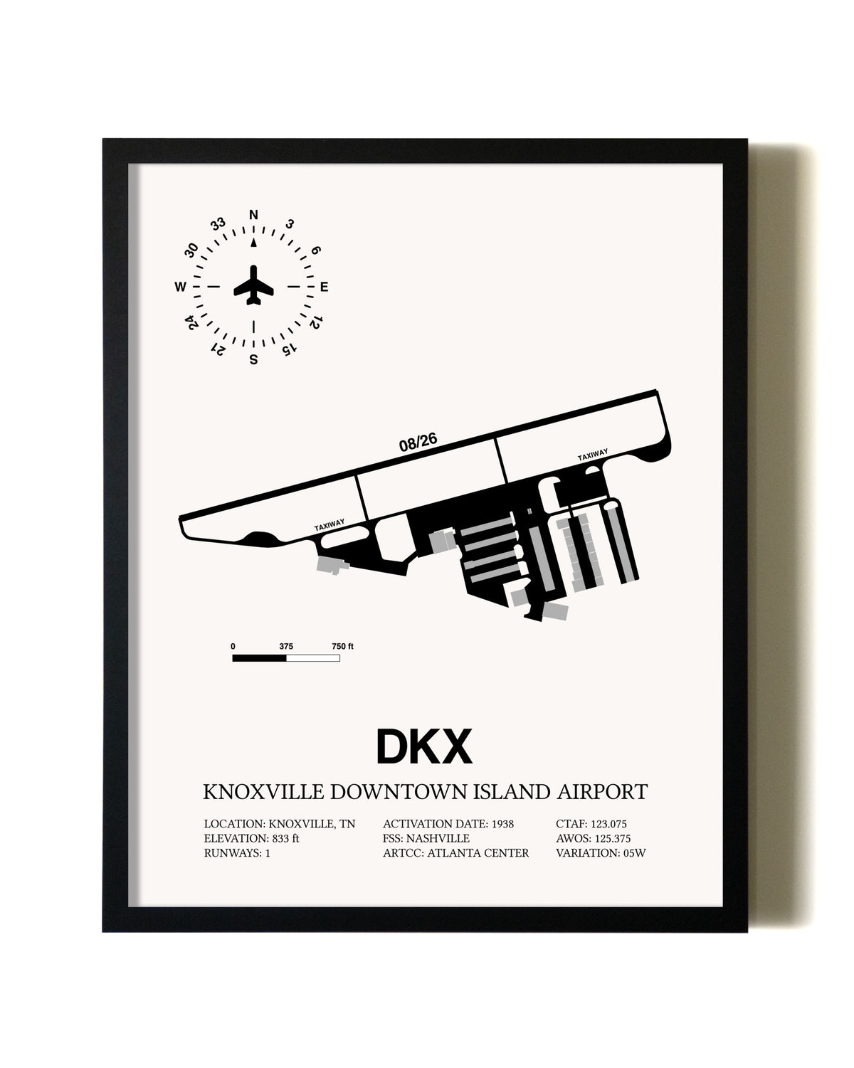 Framed Knoxville Downtown Island Airport wall art poster in black frame
