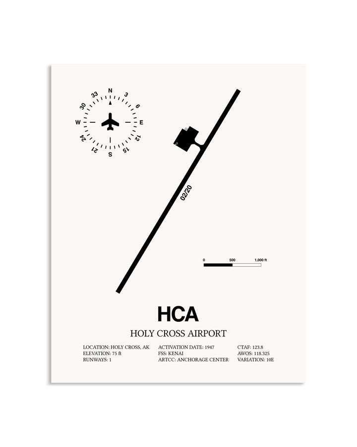 Gray Holy Cross Airport framed poster displayed in an airplane hangar