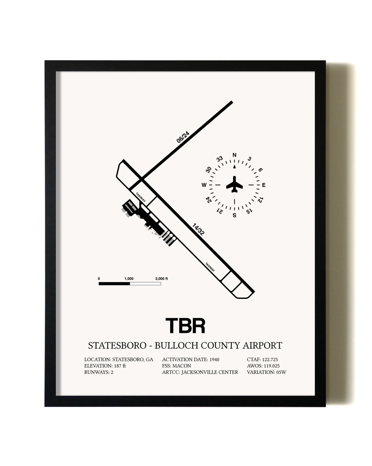 Framed Statesboro-Bulloch County Airport wall art poster in black frame