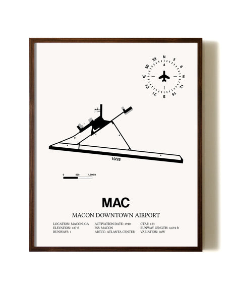 Macon Downtown Airport aviation print in walnut frame
