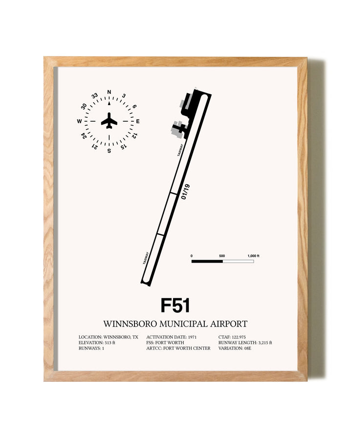 Winnsboro Municipal Airport framed print in natural wood frame