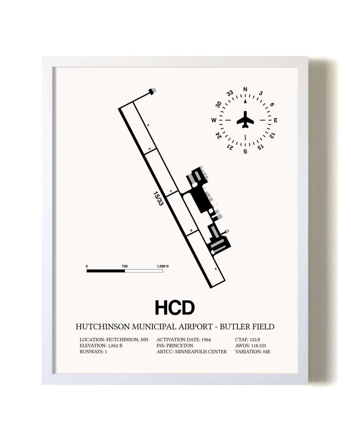 Hutchinson Municipal Airport-Butler Field airport map poster in oak frame