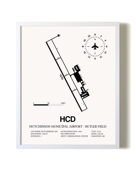 Hutchinson Municipal Airport-Butler Field airport map poster in oak frame