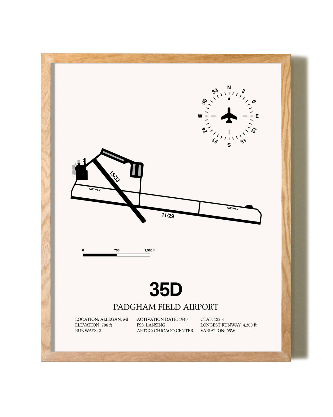 Padgham Field Airport framed print in natural wood frame