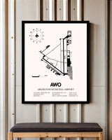 Arlington Municipal Airport framed poster displayed in an airplane hangar