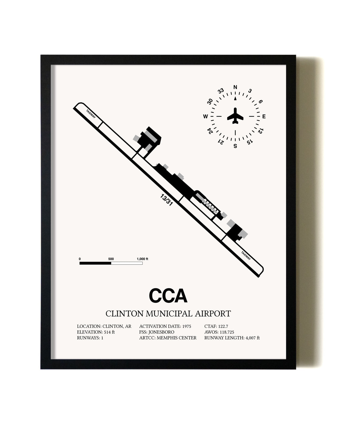 Framed Clinton Municipal Airport wall art poster in black frame