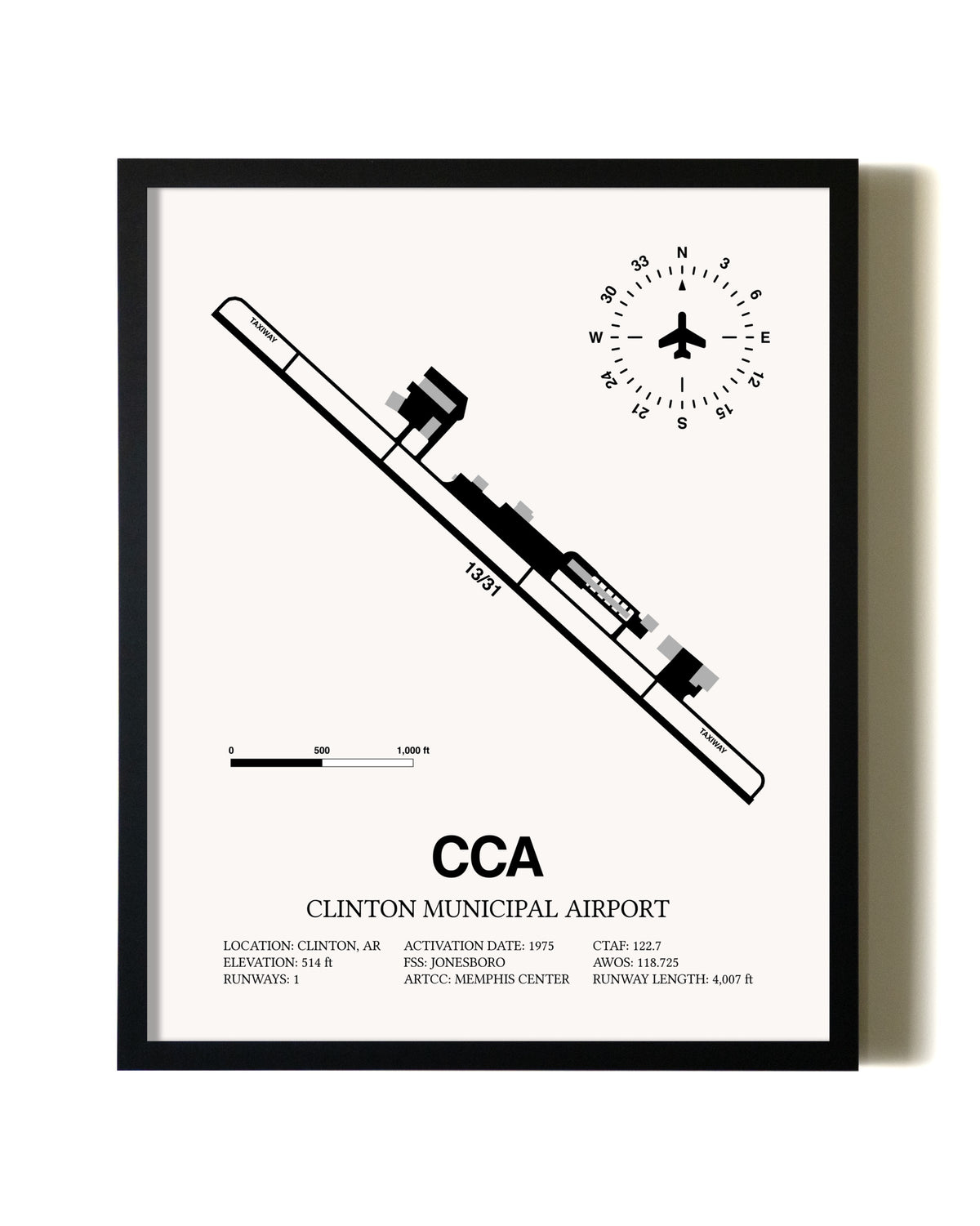 Framed Clinton Municipal Airport wall art poster in black frame