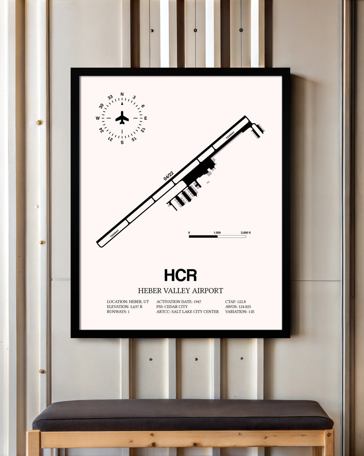 Heber Valley Airport framed poster displayed in an airplane hangar