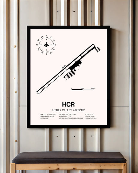 Heber Valley Airport framed poster displayed in an airplane hangar