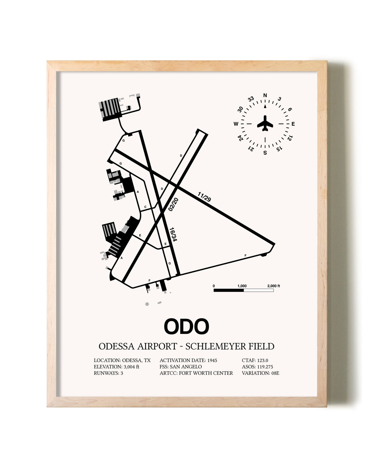 Odessa Airport-Schlemeyer Field framed wall art in white frame