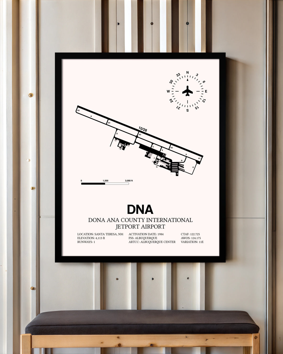 Dona Ana County International Jetport Airport framed poster displayed in an airplane hangar
