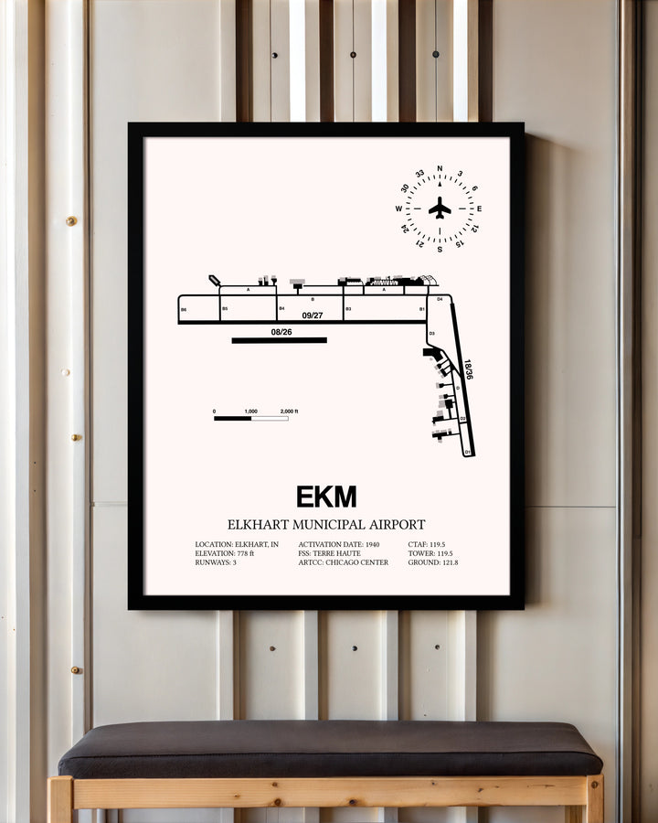 Elkhart Municipal Airport framed poster displayed in an airplane hangar