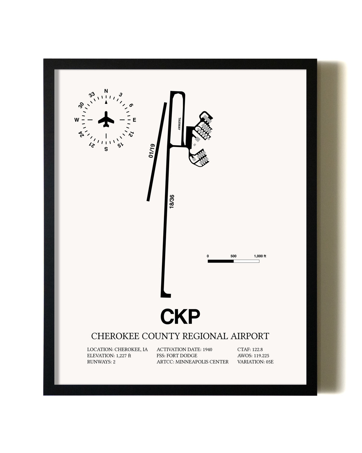 Framed Cherokee County Regional Airport wall art poster in black frame
