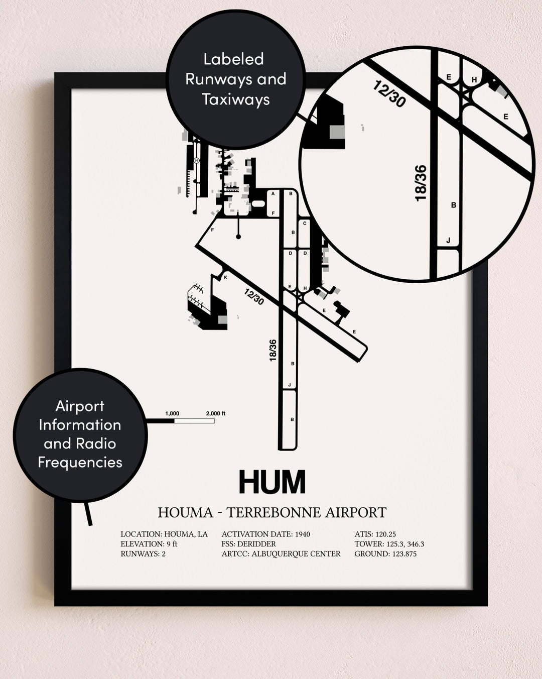 Framed Houma-Terrebonne Airport layout wall art poster
