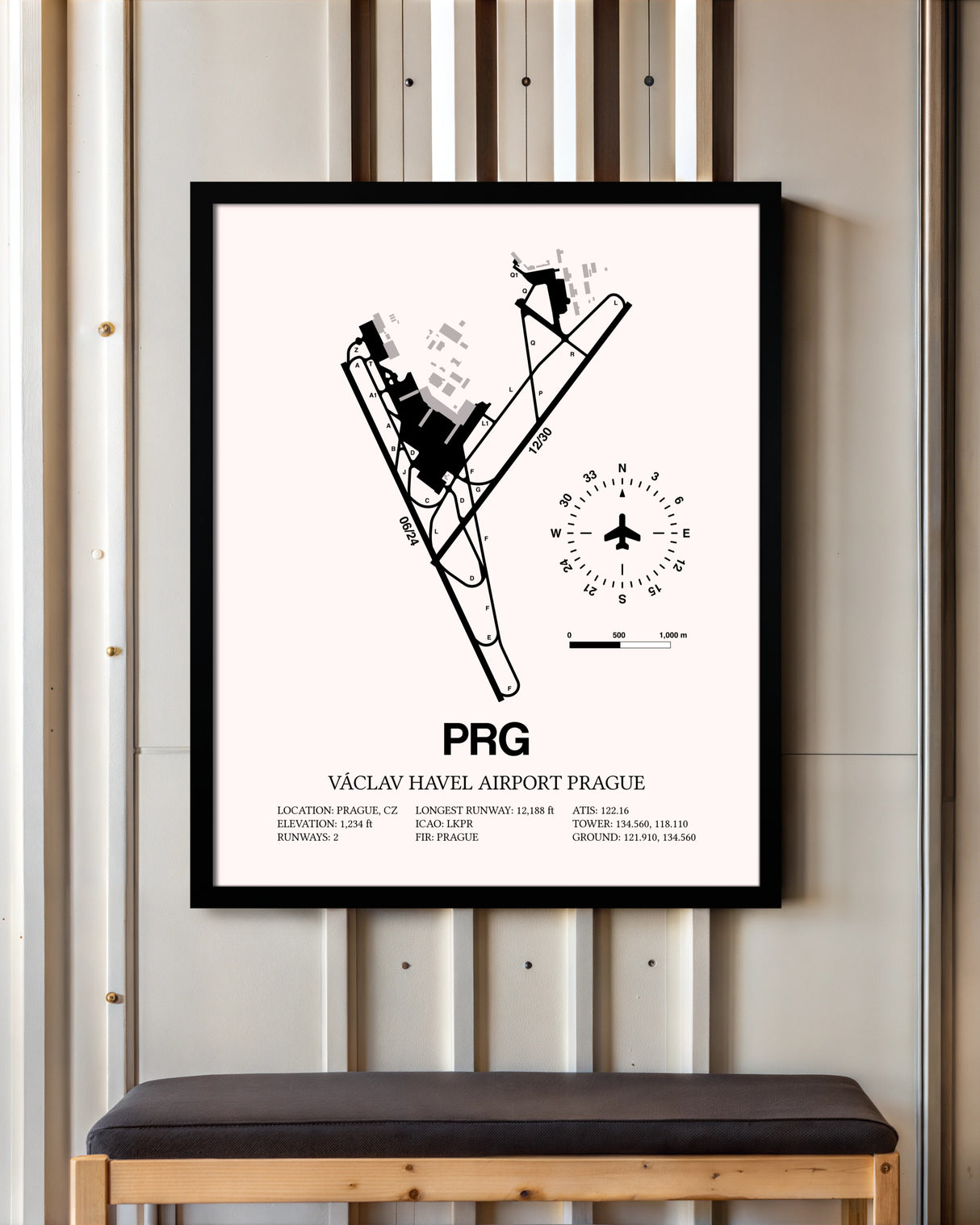 Vaclav Havel Airport Prague framed poster displayed in an airplane hangar