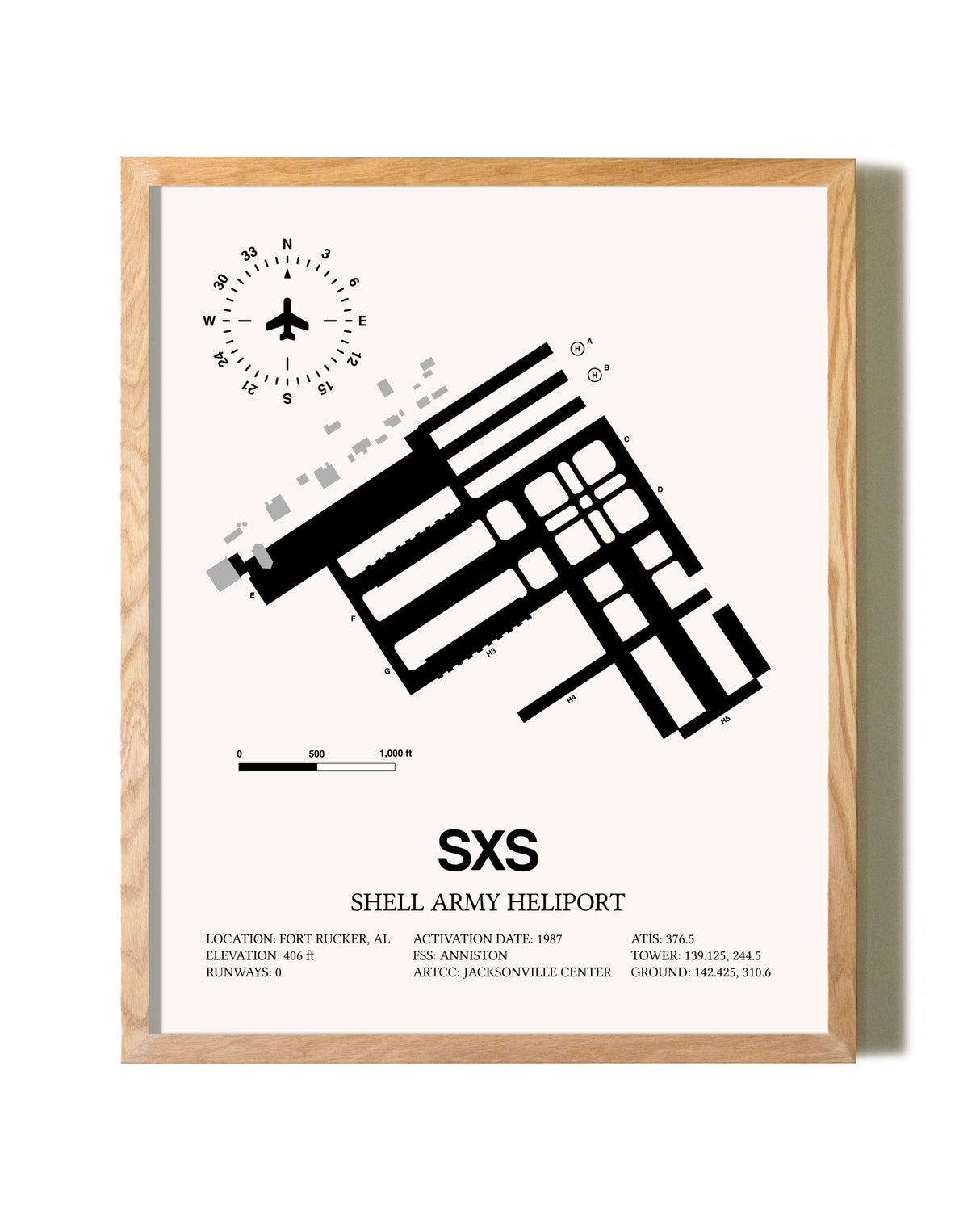 Shell Army Heliport framed print in natural wood frame