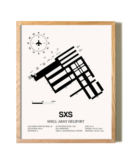 Shell Army Heliport framed print in natural wood frame