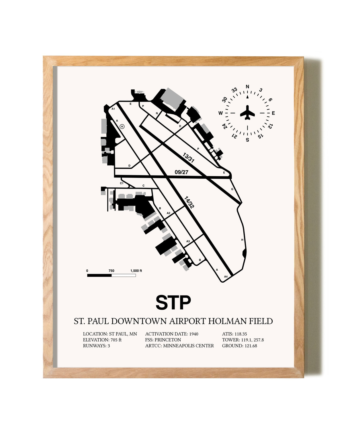 St. Paul Downtown Airport Holman Field framed print in natural wood frame