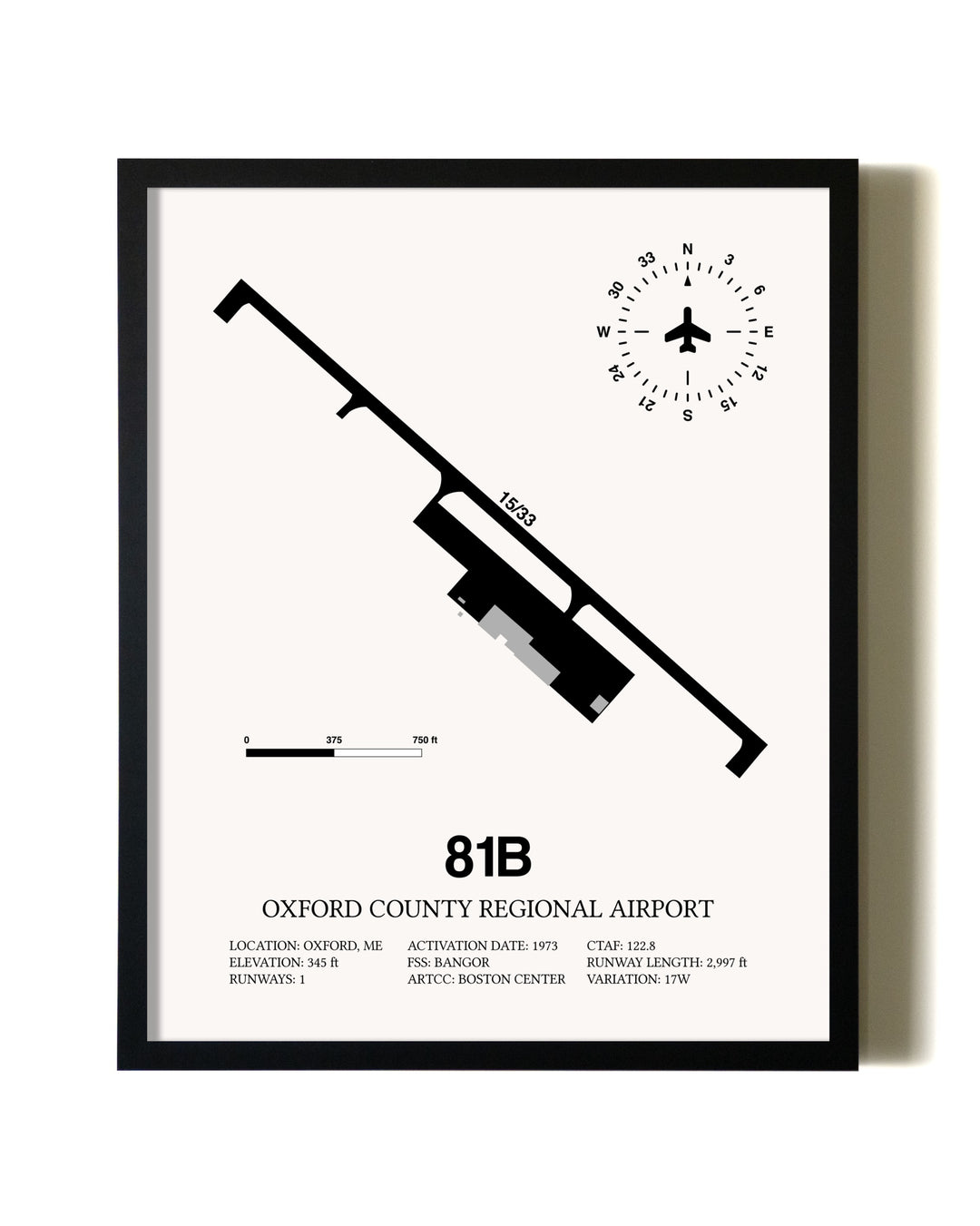 Framed Oxford County Regional Airport wall art poster in black frame