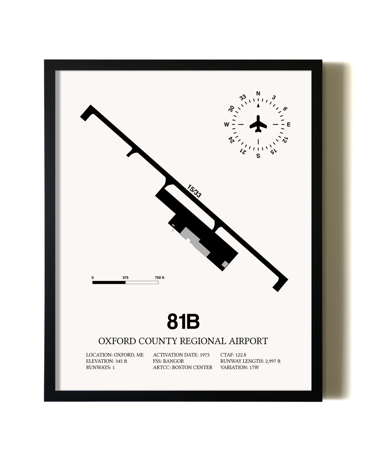 Framed Oxford County Regional Airport wall art poster in black frame