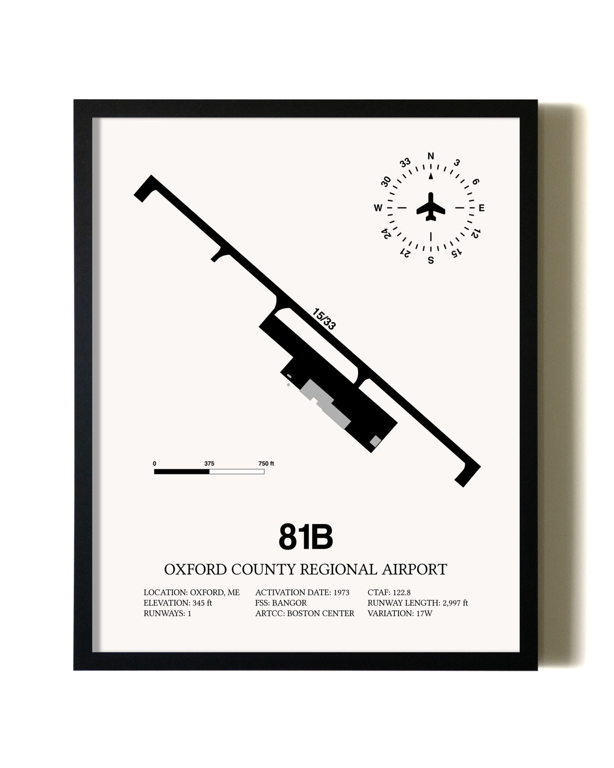Framed Oxford County Regional Airport wall art poster in black frame