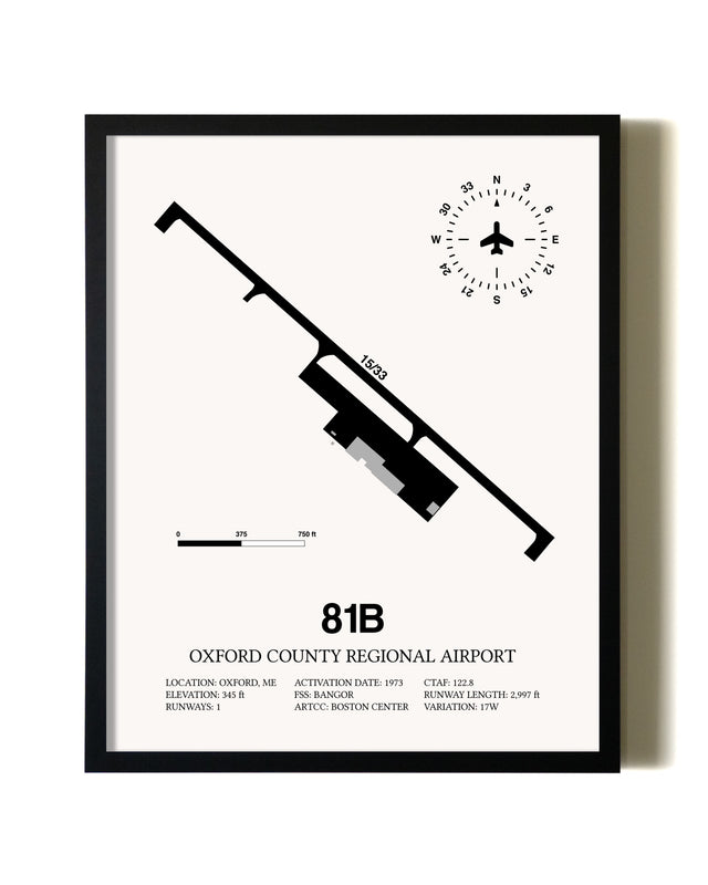 Framed Oxford County Regional Airport wall art poster in black frame
