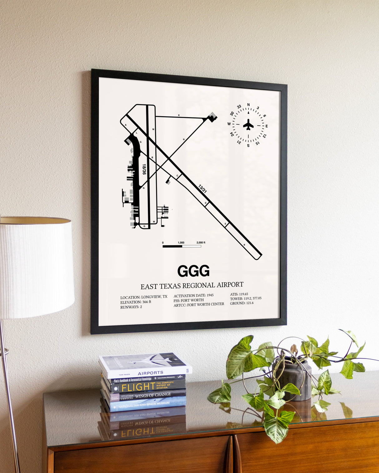 East Texas Regional Airport aviation wall décor in black wood frame