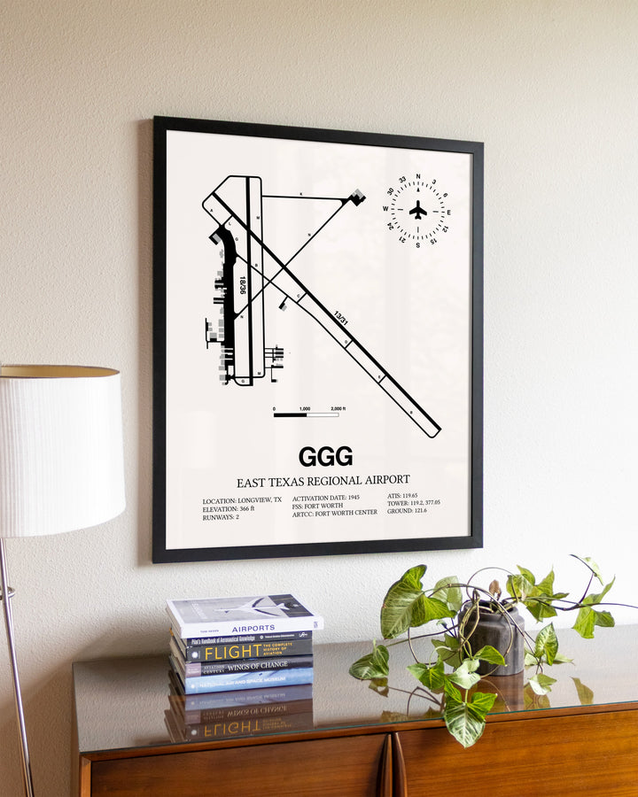 East Texas Regional Airport aviation wall décor in black wood frame