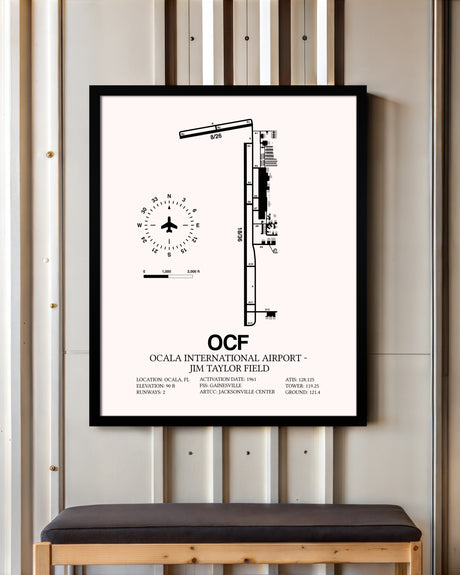 Ocala International Airport-Jim Taylor Field framed poster displayed in an airplane hangar
