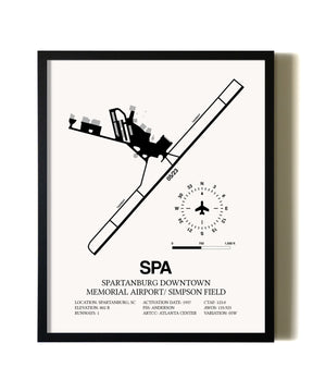 Framed Spartanburg Downtown Memorial Airport / Simpson Field wall art poster in black frame