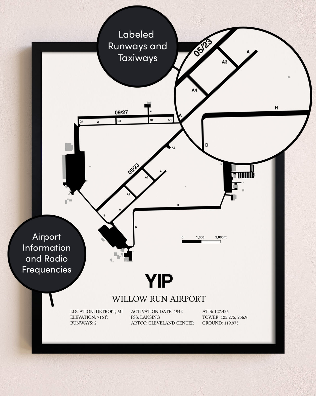 Framed Willow Run Airport layout wall art poster