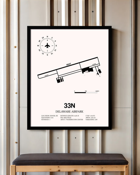 Delaware Airpark framed poster displayed in an airplane hangar