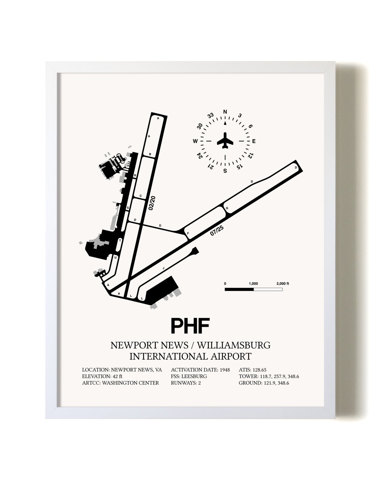 Newport News / Williamsburg International Airport airport map poster in oak frame