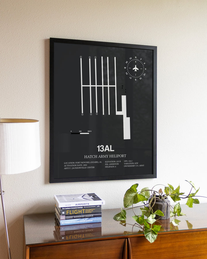 Gray Framed Hatch Army Heliport wall art poster in black frame