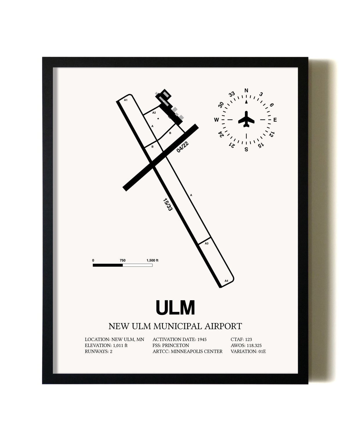 Framed New Ulm Municipal Airport wall art poster in black frame