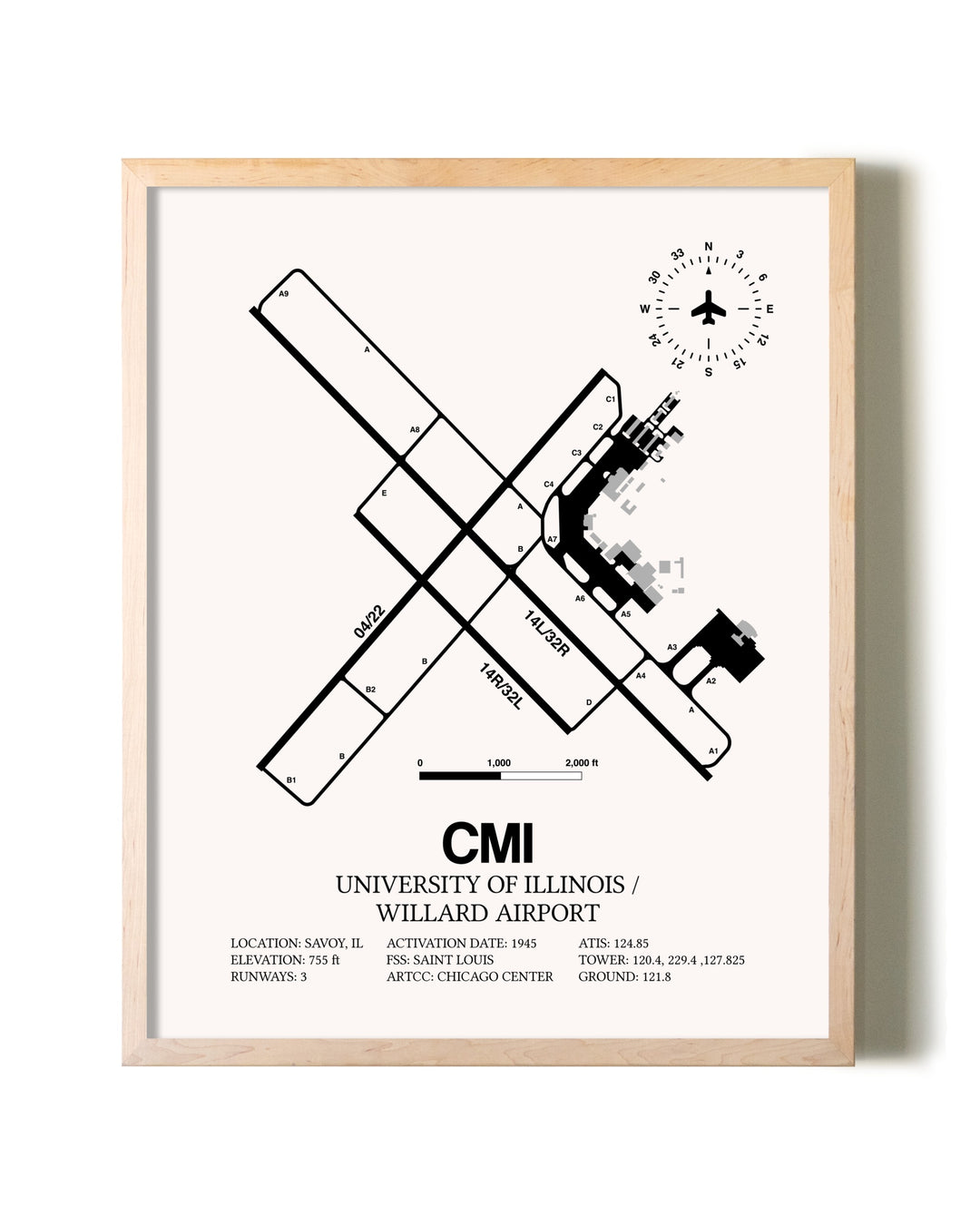 University of Illinois / Willard Airport framed wall art in white frame