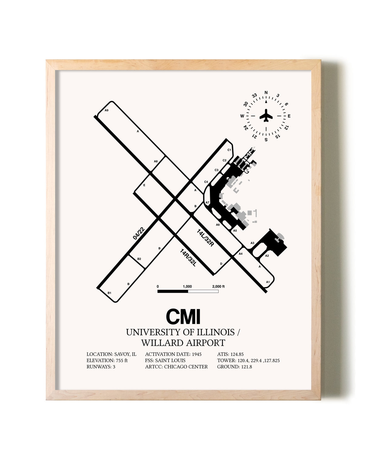 University of Illinois / Willard Airport framed wall art in white frame