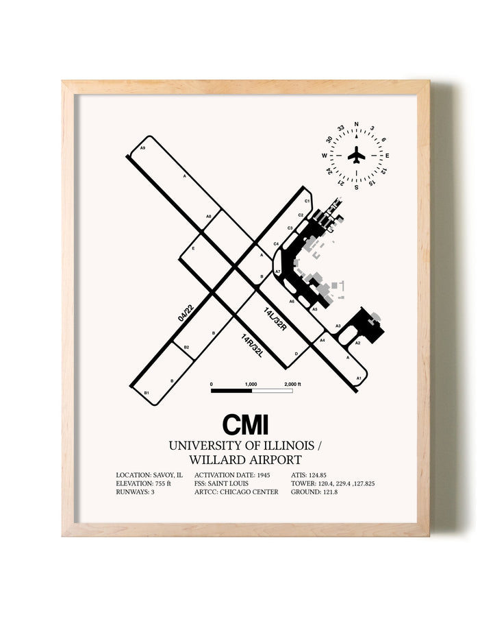 University of Illinois / Willard Airport framed wall art in white frame