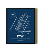 Aviation Blue Framed Detroit Metro Wayne County Airport layout wall art poster