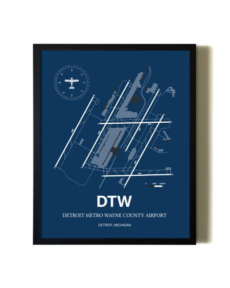 Aviation Blue Framed Detroit Metro Wayne County Airport layout wall art poster
