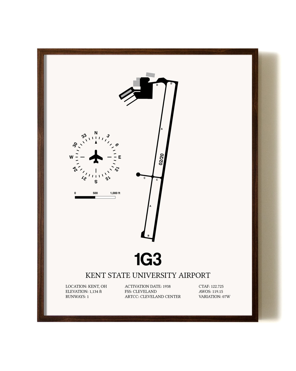 Kent State University Airport aviation print in walnut frame