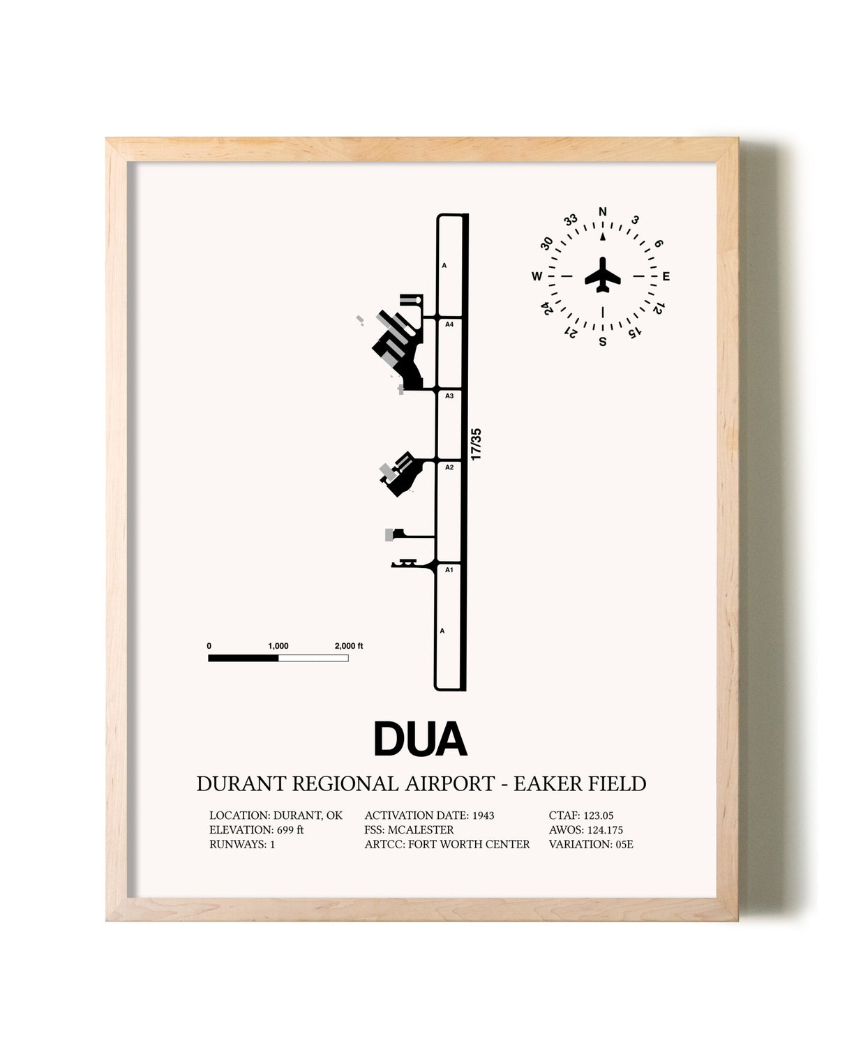 Durant Regional Airport-Eaker Field framed wall art in white frame