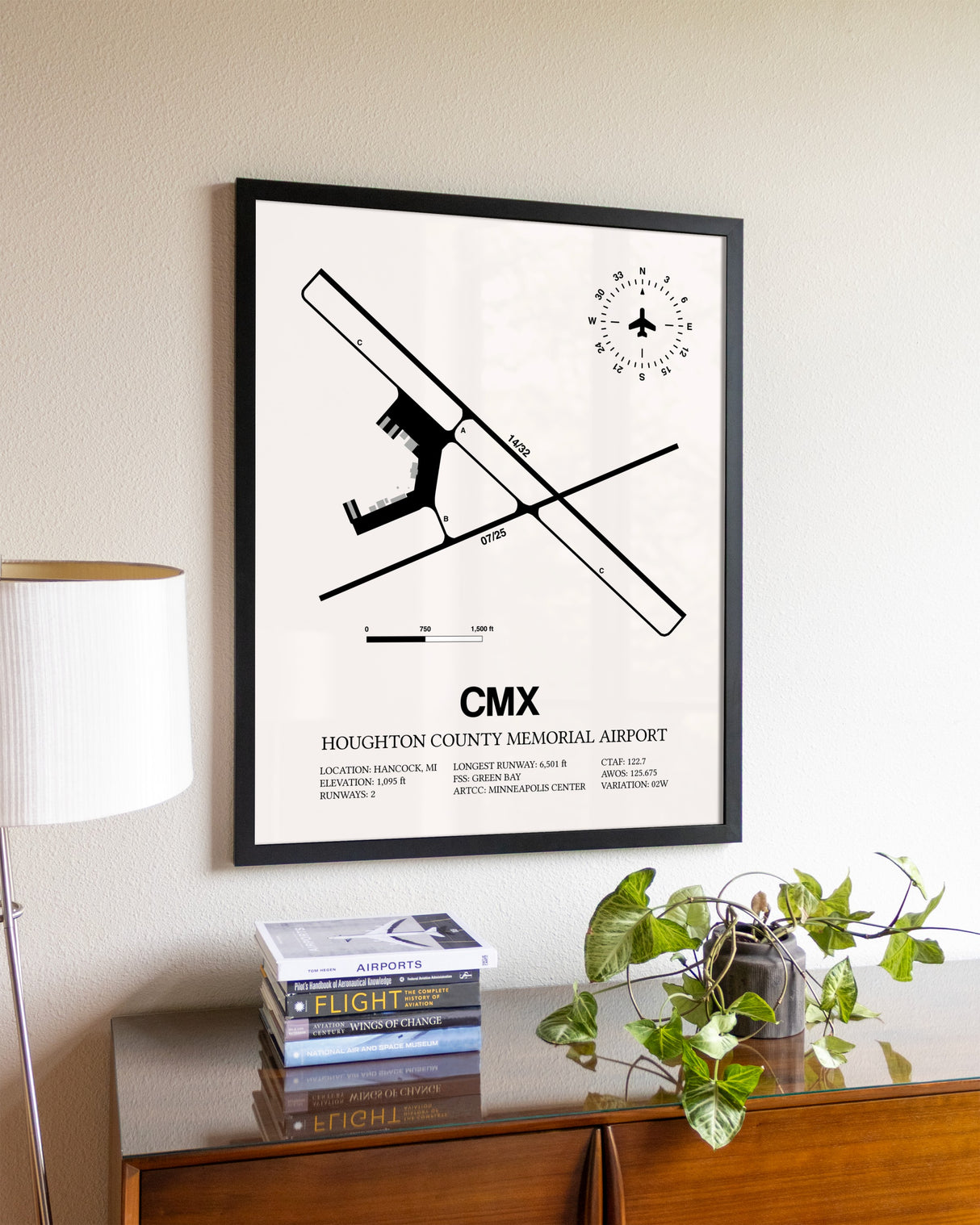Houghton County Memorial Airport aviation wall décor in black wood frame