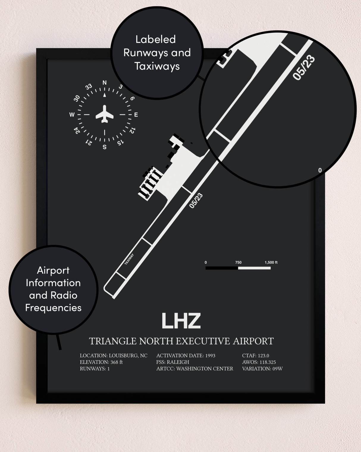 Triangle North Executive Airport poster size comparison chart