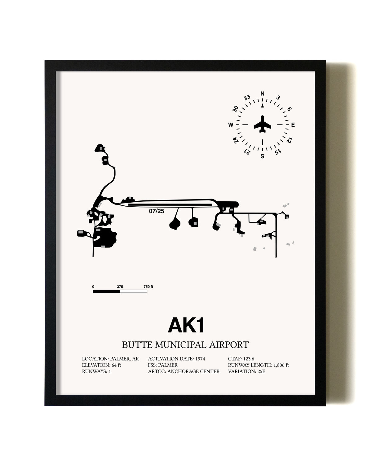 Framed Butte Municipal Airport wall art poster in black frame