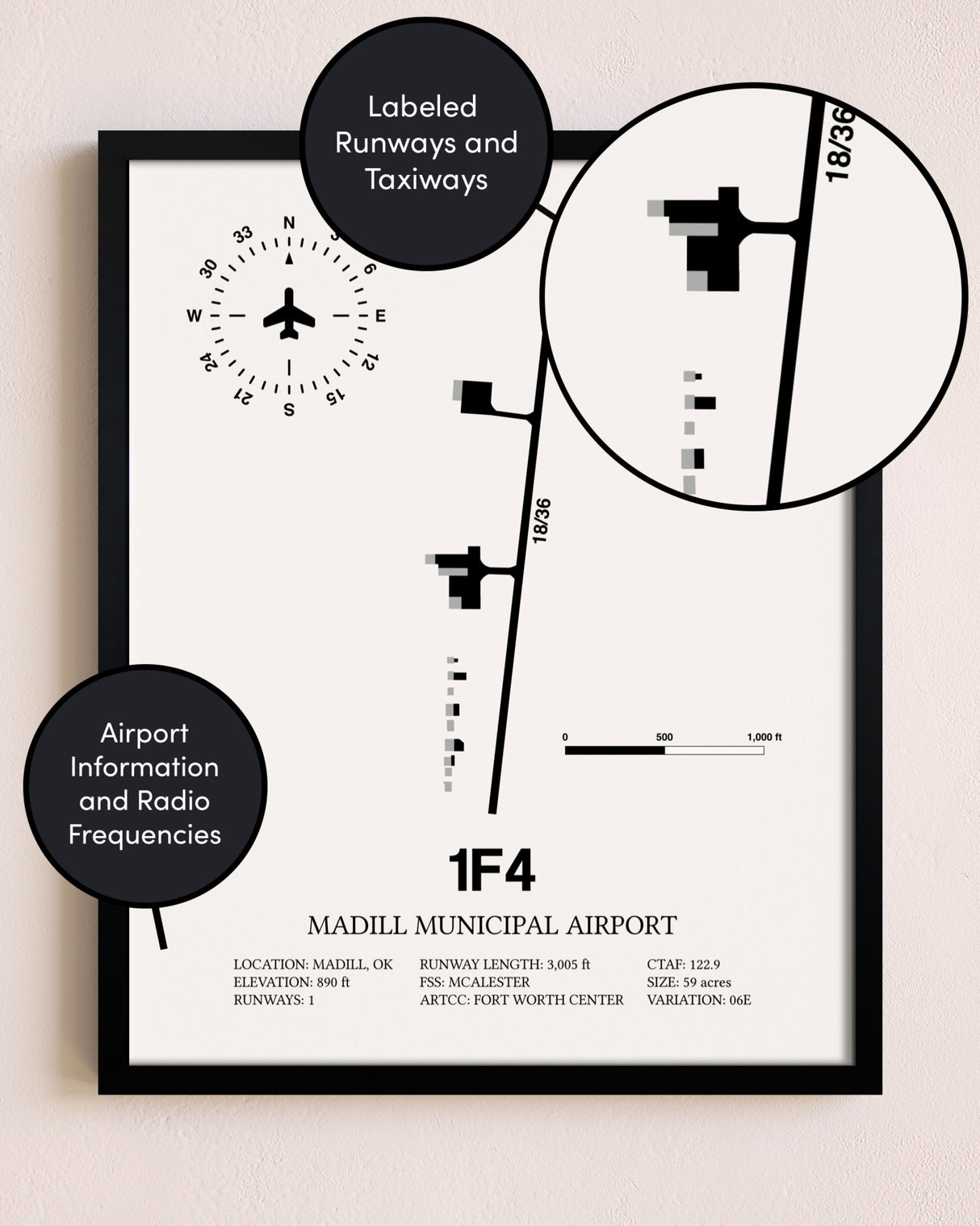 Framed Madill Municipal Airport layout wall art poster