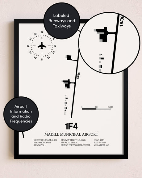 Framed Madill Municipal Airport layout wall art poster